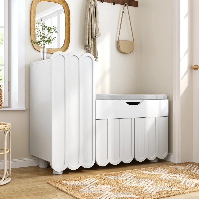 Scarpiera moderna a 3 ante con cassetto e seduta imbottita, 90x35x74.5 cm, Bianco