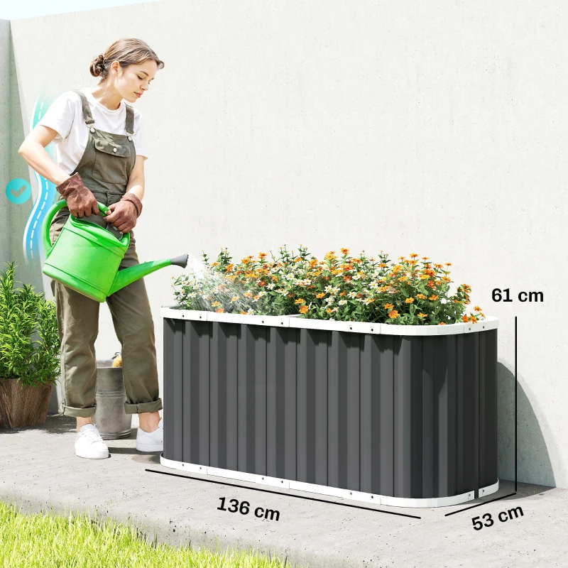 Outsunny Huerto elevado de metal 136 x 53 x 61 cm profundo, jardinera con bordes de protección, etiquetas para plantas, guantes, fondo abierto