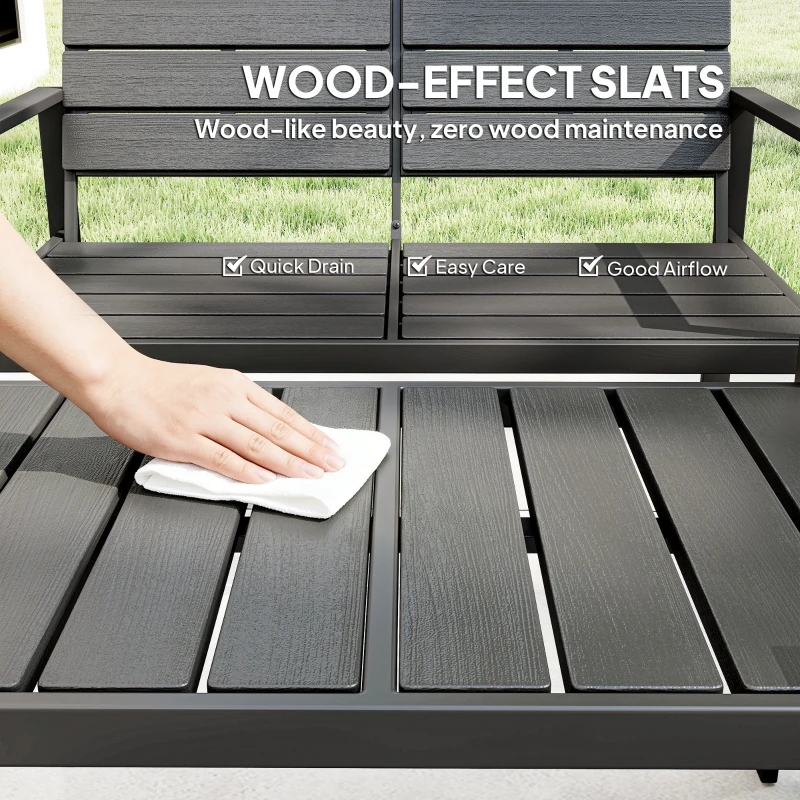 Outsunny 4 Piece Garden Furniture Set, Outdoor Sofa Set with HDPE Slatted Loveseat Armchairs Coffee Table Metal Frame, Dark Grey