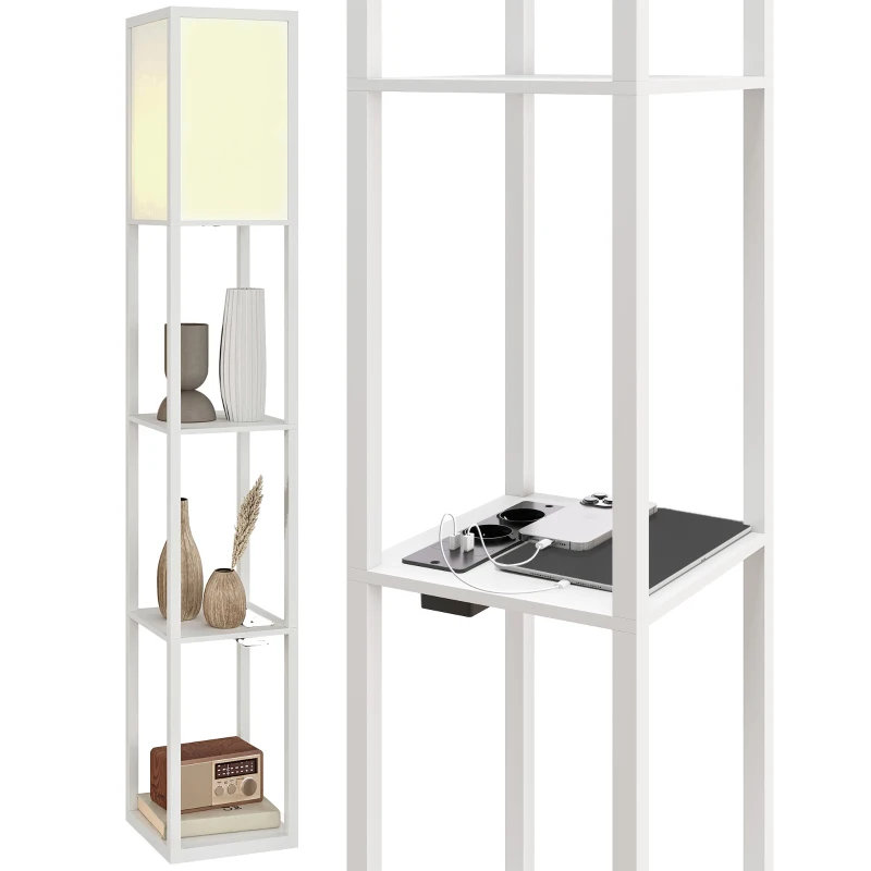 HOMCOM Lámpara de Pie con Estantes, Luz Regulable, Interruptor de Pedal y Puertos USB, Blanco