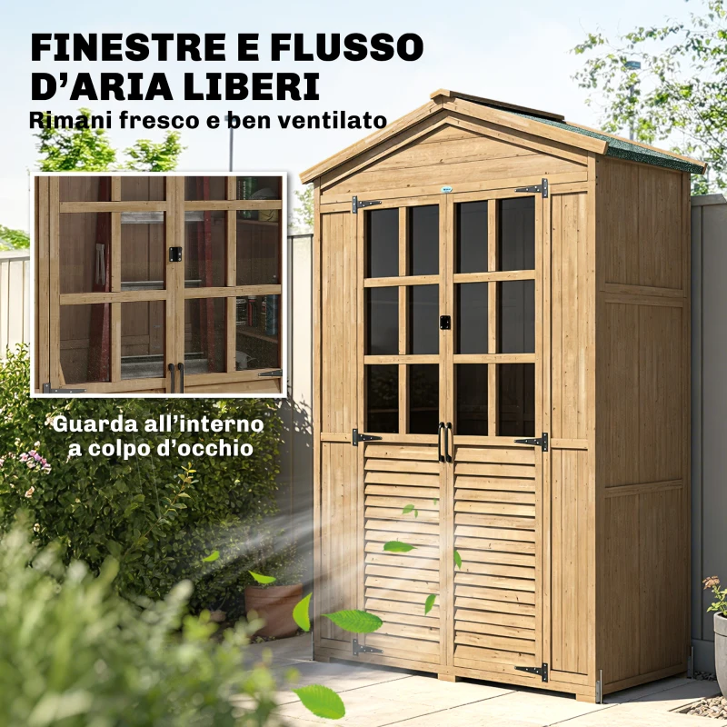 Outsunny Armadio da Giardino in Legno con Finestre Trasparenti, 128x57.5x197 cm, Marrone Chiaro