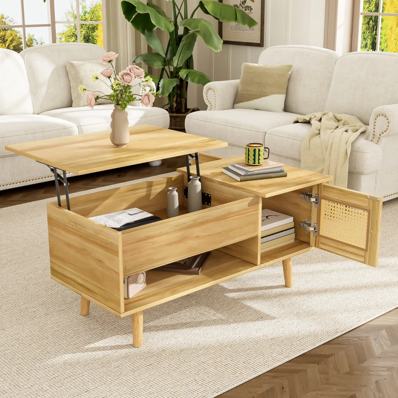 Table basse avec plateau relevable et portes en rotin, rangement pratique, 103x50x46 cm, Couleur naturelle