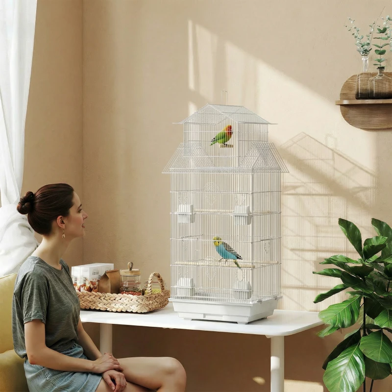 PawHut Cage pour Oiseaux en Acier avec Mangeoires Perchoirs Balançoire et Plateau Amovible 50,5x41x104 cm Blanc