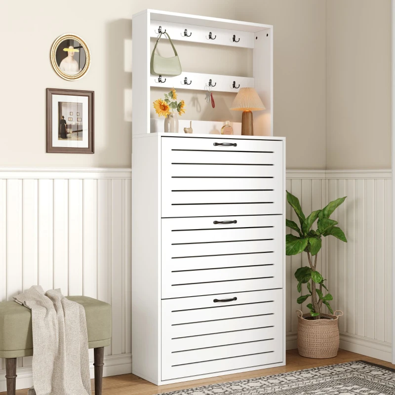 Mobile scarpiera da ingresso con ganci e 3 ante, 70x25x165 cm, Bianco