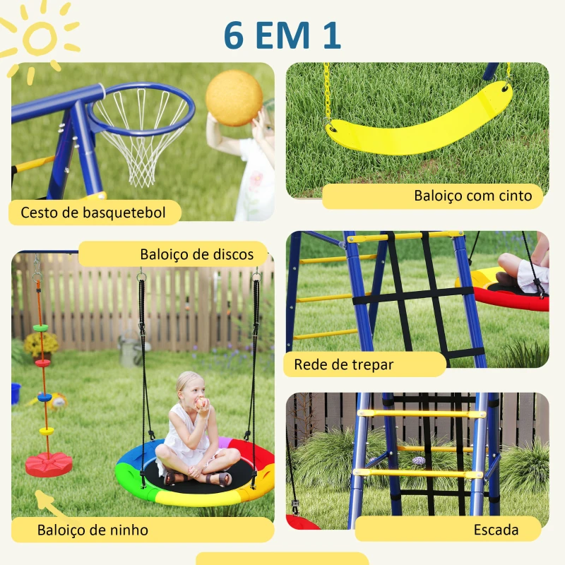 AIYAPLAY Conjunto de Baloiços 6 em 1 para Crianças com Ninho Escada Rede de Escalada Cesto 350x183x200 cm Multicolor