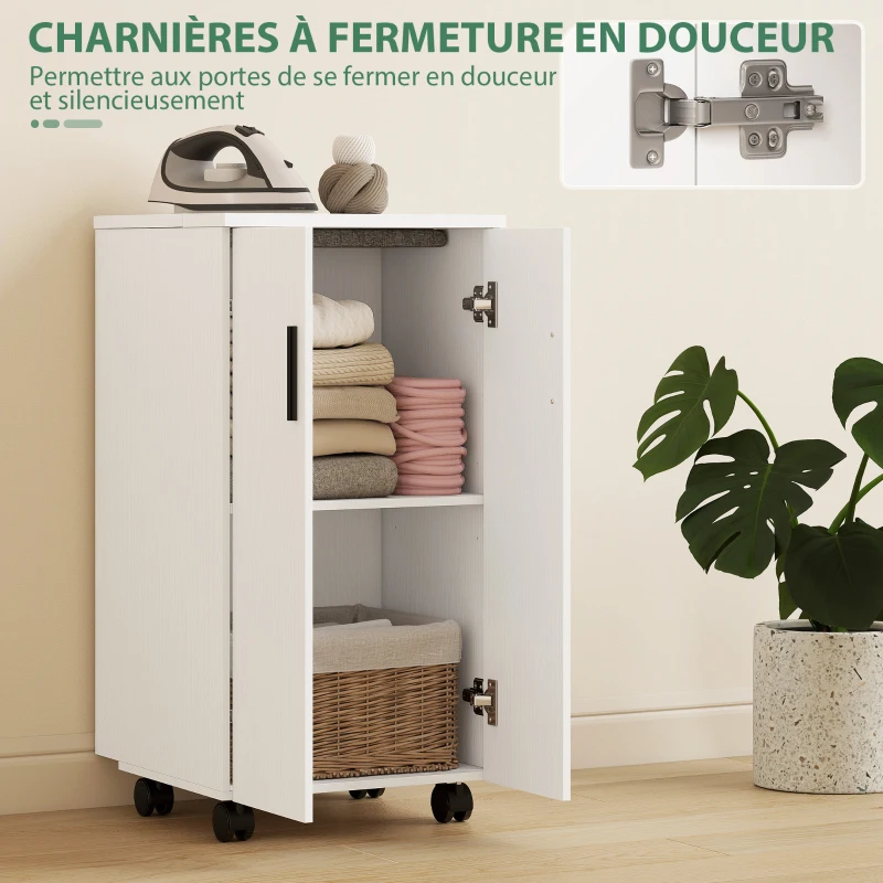 HOMCOM Meuble à repasser 2 en 1, table à repasser pliante sur roulettes avec étagère réglable et charnières, blanc