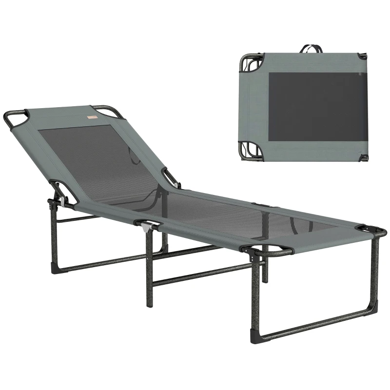 Outsunny Tumbona de Exterior Reclinable 4 Posiciones, Silla Plegable con Asa, Gris.