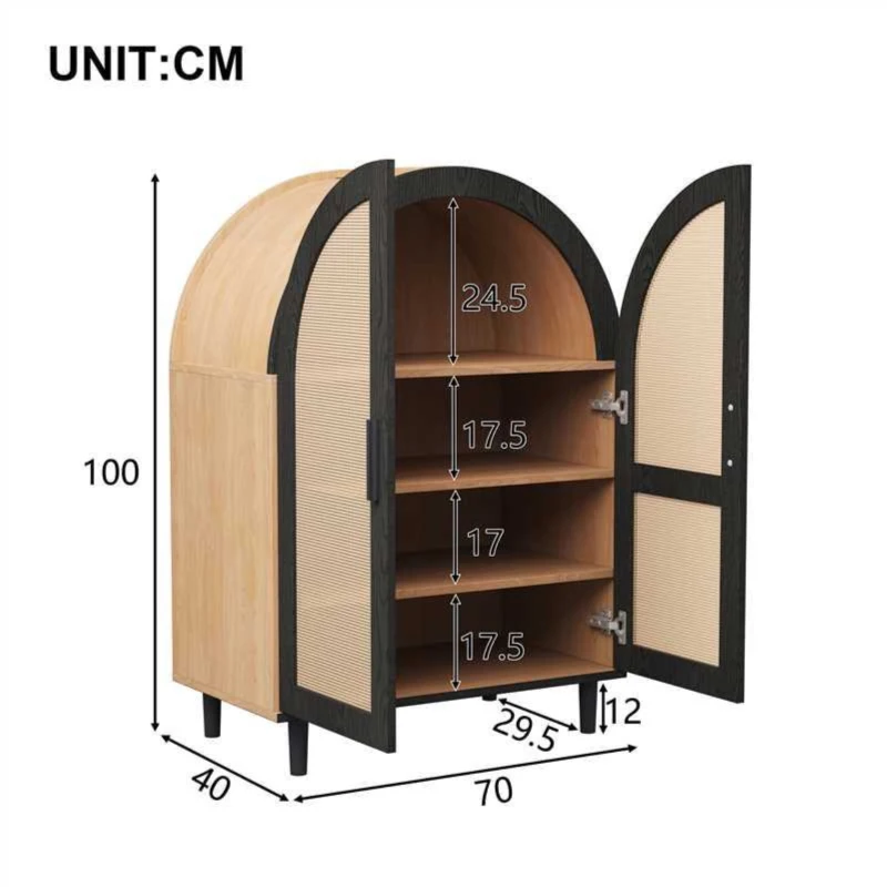 Mobile per scarpe con esterno arrotondato, ante traforate in rattan e 3 ripiani, 70x40x100 cm, Color Legno e Nero