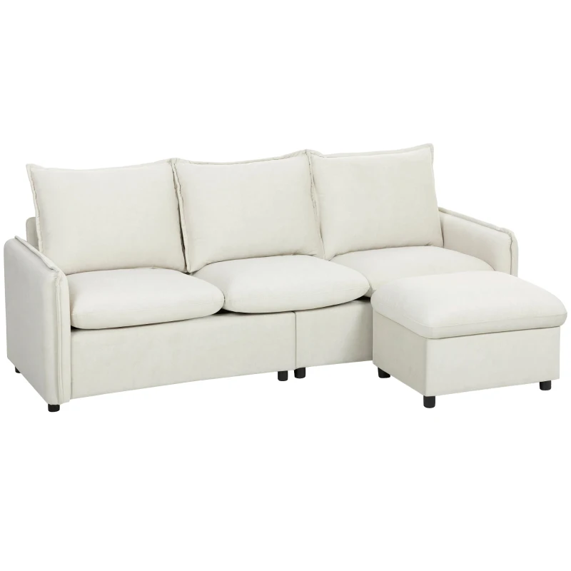 HOMCOM Ecksofa 3‑Sitzer Modular aus atmungsaktivem Lederoptik‑Stoff mit Stauraum‑Hocker, Kissen, Creme