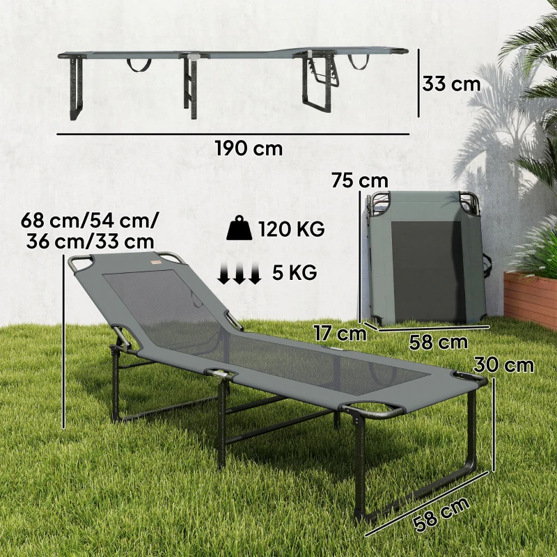 Outsunny Tumbona de Exterior Reclinable 4 Posiciones, Silla Plegable con Asa, Gris.
