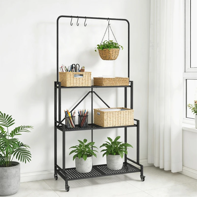 Outsunny Soporte para Plantas de 3 Niveles con Ruedas, Estantería de Flores Plegable de Metal con 4 Ganchos, 84x40,5x174cm, Negro