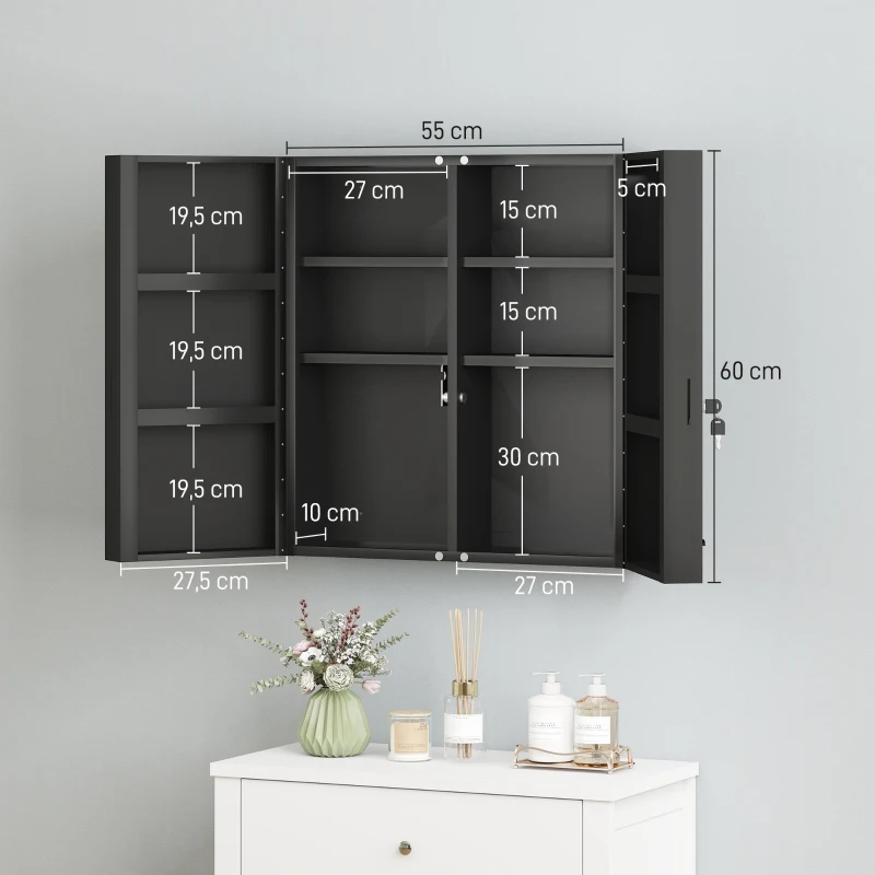 kleankin Armário de Medicamentos, armário trancável com 2 portas e 6 prateleiras, Preto