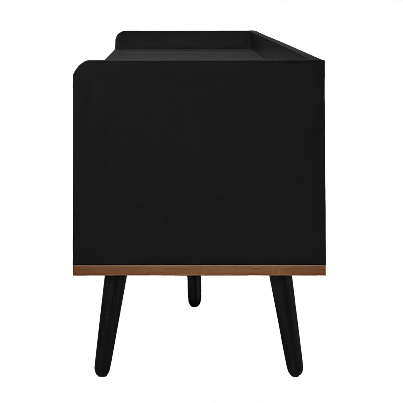 Mobile TV con 3 ante, gambe in legno e bordo rialzato, 160x39x49.5 cm, Color Legno e Nero