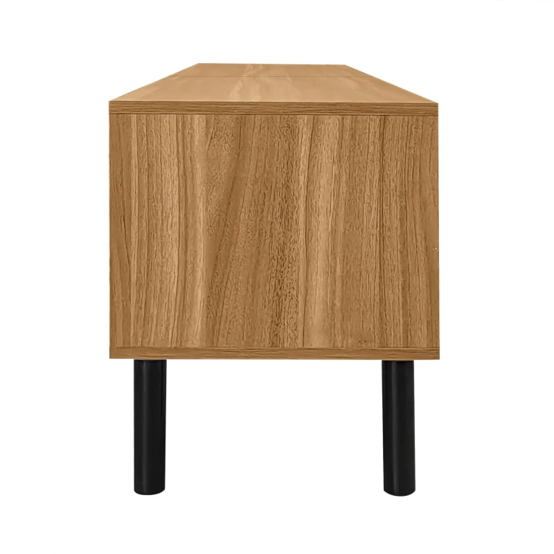 Meuble TV à trois portes, pieds en bois solides, 170x38x47 cm, Couleur naturelle+Noir
