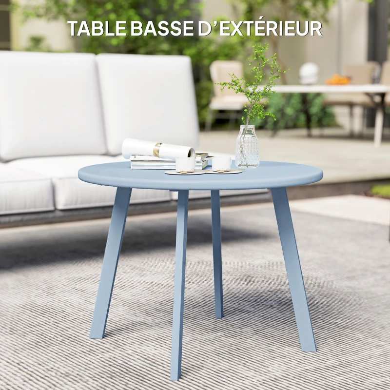 Outsunny Mesa baja redonda pequeña, mesa auxiliar con patas antideslizantes, estructura de metal, para jardín, Ø 70 x 42 cm, azul