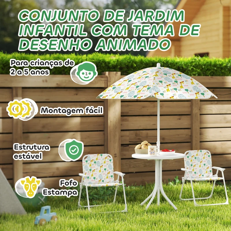 AIYAPLAY Conjunto Infantil de Mesa e Cadeiras de Jardim 4 Peças Cadeiras Dobráveis Chapéu de Sol Ajustável Design de Elefantes Branco