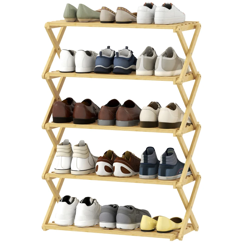 HOMCOM Zapatero Estrecho de Bambú Zapatero Vertical Plegable de 5 Niveles Sin Instalación Natural