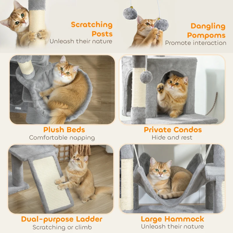 PawHut Cat Tree, 192 cm Large Multi-Level Cat Tower for Indoor Kittens with 8 Scratching Posts, 3 Plush Beds, 2 Hammocks