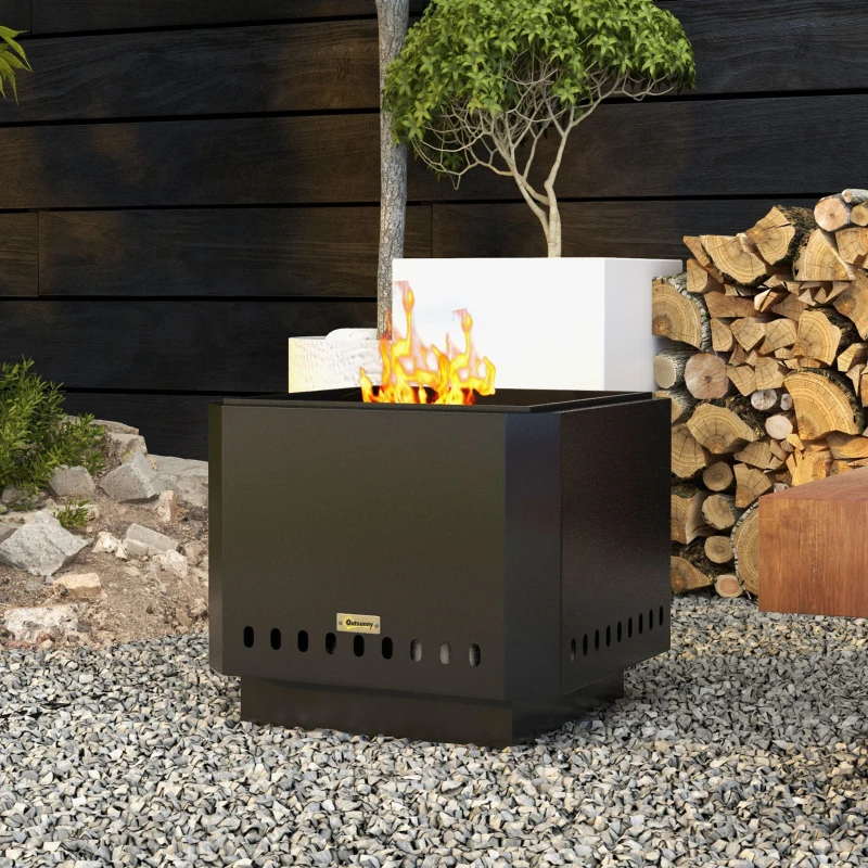 Outsunny Smokeless Fire Pit, 48 cm Portable Wood Burning Firepit, Square Metal Bonfire Stove with Poker, Black