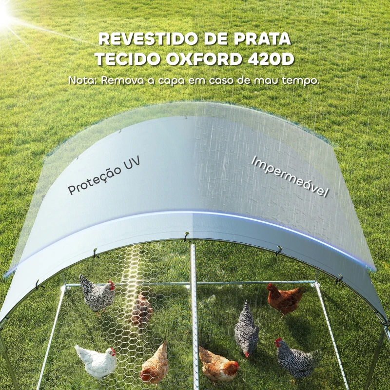 PawHut Galinheiro Exterior 2,8x3,4x1,9 m Cobertura de Tecido Oxford Anti-UV Impermeável Fechos para 10-16 Galinhas Prata