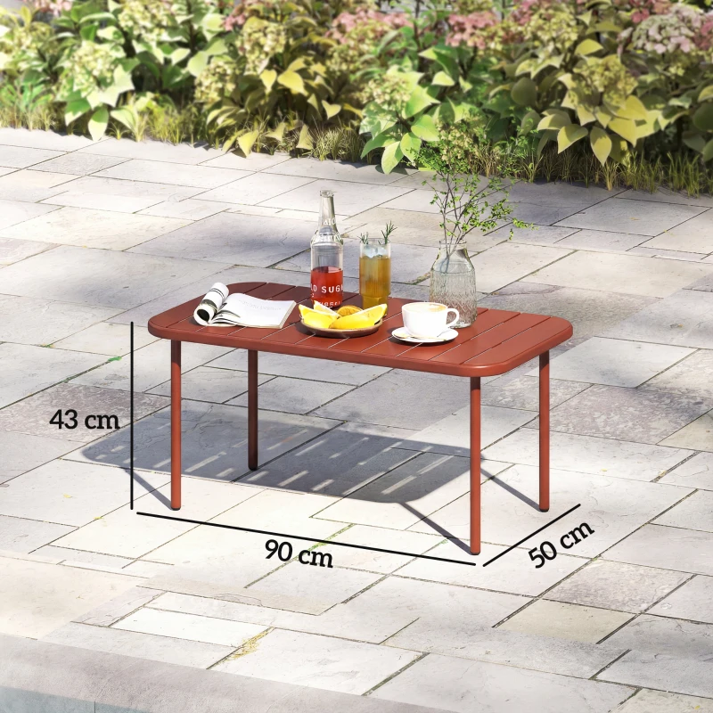 Outsunny Tavolino da Giardino in Acciaio Zincato con Piano a Doghe, Tavolino Rettangolare dagli Angoli Arrotondati, 90x50x43 cm, Rosso