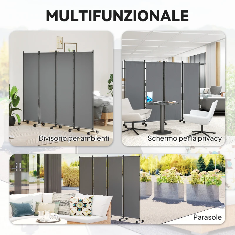 Outsunny Paravento da Esterno e Interno a 4 Pannelli Pieghevole con Ruote, 221x50x172cm, Grigio Scuro