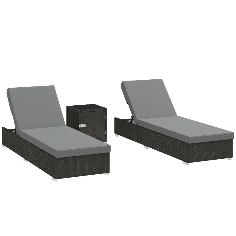 Outsunny Set 2 Tumbonas de Jardín en Ratán con Mesita Lateral y Respaldo Regulable, 184x60x22 cm, Gris Oscuro