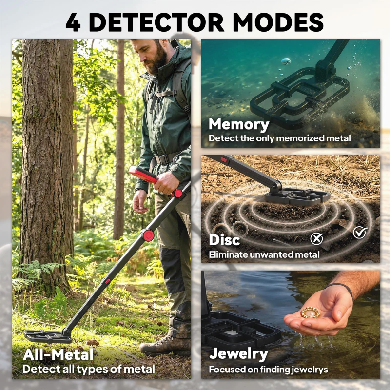 Outsunny Metalldetektor IP68 Wasserdicht faltbar Metallsuchgerät mit 4 Modi Kopfhörer Schaufel Tragetasche LCD-Display