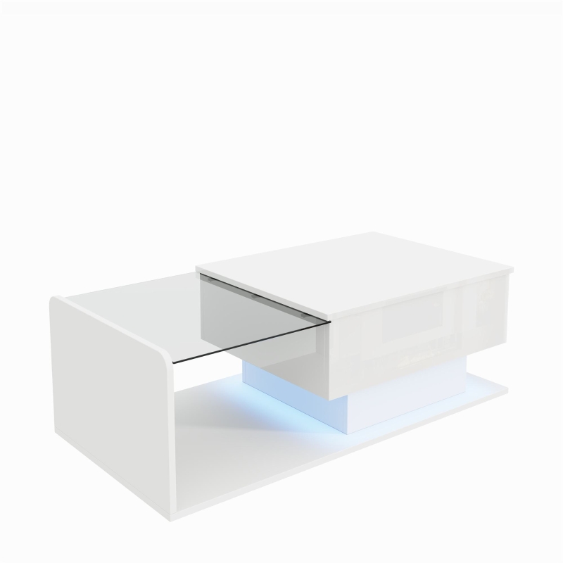 Tavolino da salotto regolabile in altezza, con piano in vetro e striscia LED, 100x50x33-47.5 cm, Bianco