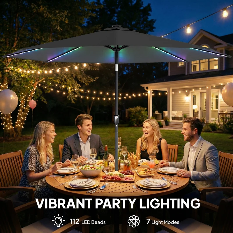 Outsunny 3 m Garden Parasol Umbrella with 112 Solar Powered LED Lights, Patio Umbrella with Crank Handle, Grey