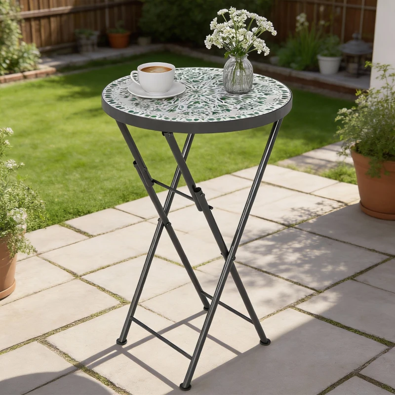 Outsunny Mosaic Outdoor Garden Table, 35.5cm Round Folding Coffee Table with Metal Frame for Balcony Terrace, Green