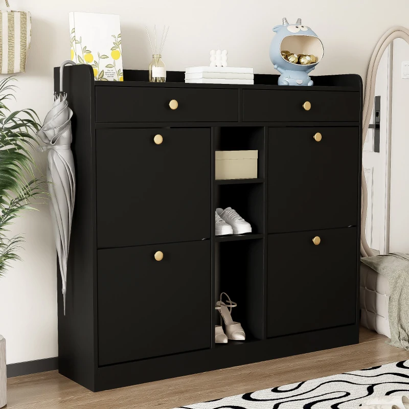 Mobile scarpiera con 4 ante a ribalta, 2 cassetti e 3 ripiani aperti, 110x26x100 cm, Nero