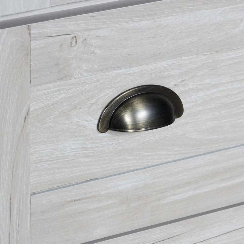 Mobile alto effetto legno a 3 cassetti con ante in vetro e maniglie in rame, 80x34x171 cm, Bianco