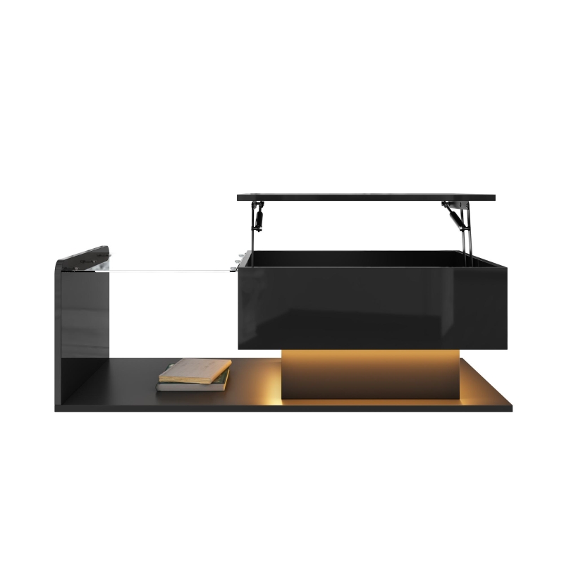 Tavolino da salotto regolabile in altezza, con piano in vetro e striscia LED, 100x50x33-47.5 cm, Nero