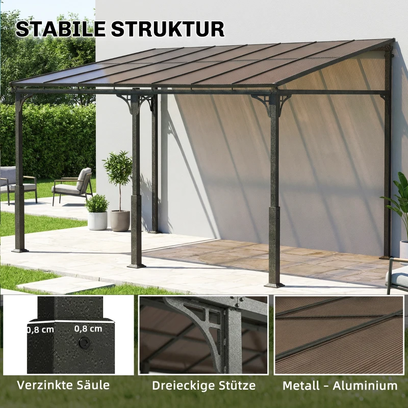 Outsunny Anbaupavillon 4 x 3m Terrassenüberdachung mit schrägen Polycarbonat-Dach Metall-Aluminium-Rahmen, Wandmontage