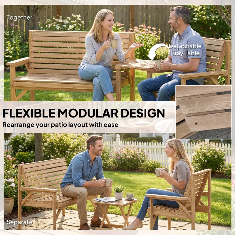 Outsunny Wooden Garden Furniture Set , 1 Chair, 1 Bench and Detachable Table, Natural Wood Finish