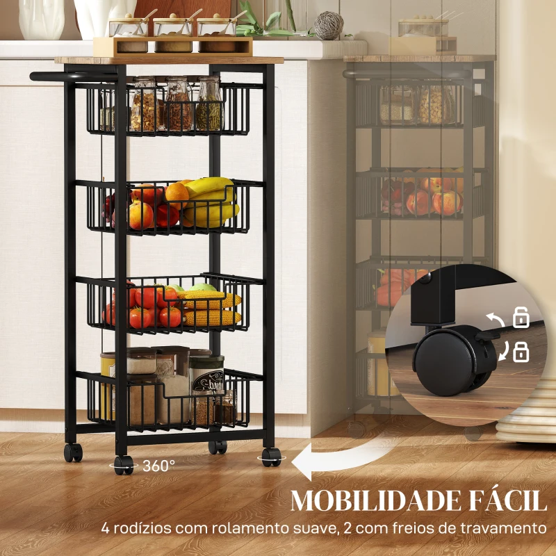 HOMCOM Carrinho de Cozinha com 4 Cestos Deslizáveis e Estrutura de Aço 49,5x31x91 cm Carvalho