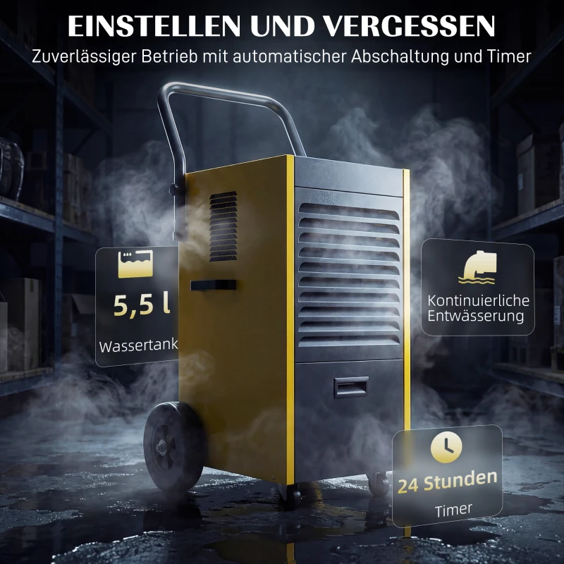 DURHAND Commerciële luchtontvochtiger 70L/dag met wielen en handgreep, continue afvoer, 24-uurs timer, 5,5L tank, geel