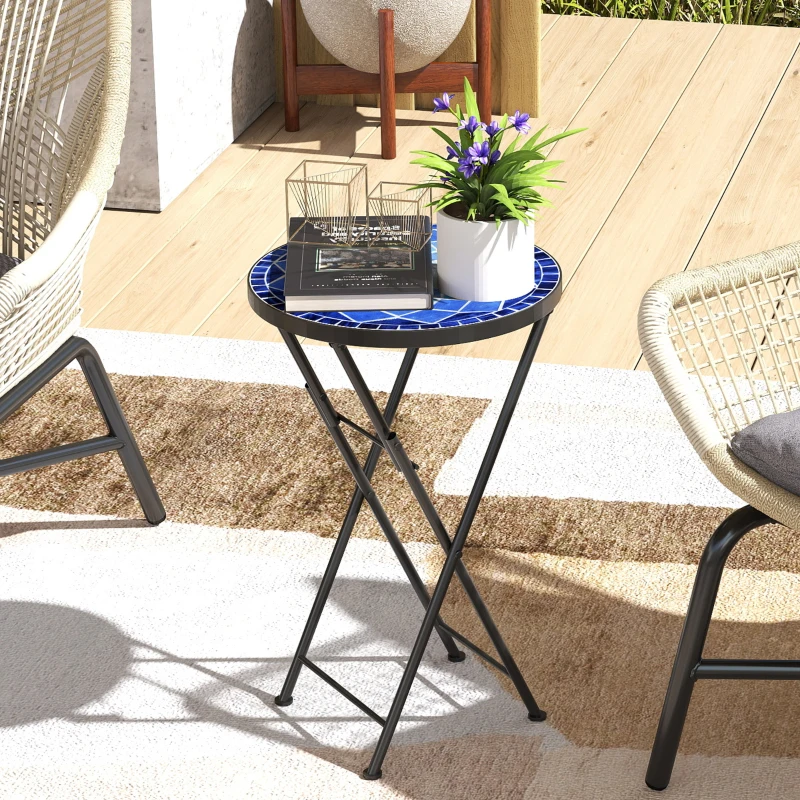 Outsunny Mosaic Outdoor Garden Table, 35.5cm Round Folding Coffee Table with Metal Frame for Balcony Terrace, Navy Blue