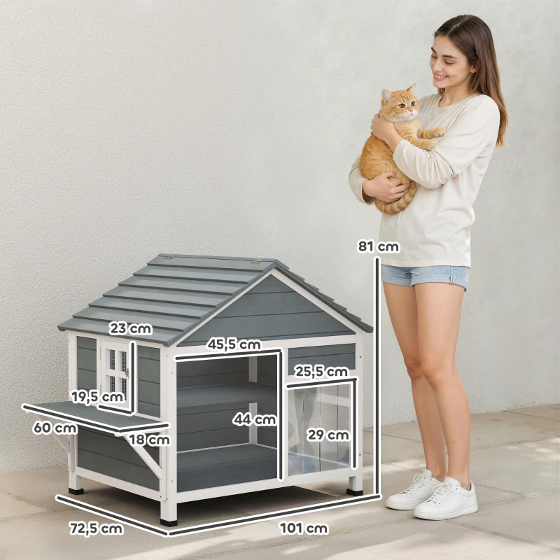 PawHut Maison pour Chat Extérieur Toit Ouvrant Fenêtre Panoramique Porte à Lamelles et Plateforme de Repos 101x72,5x81cm Gris
