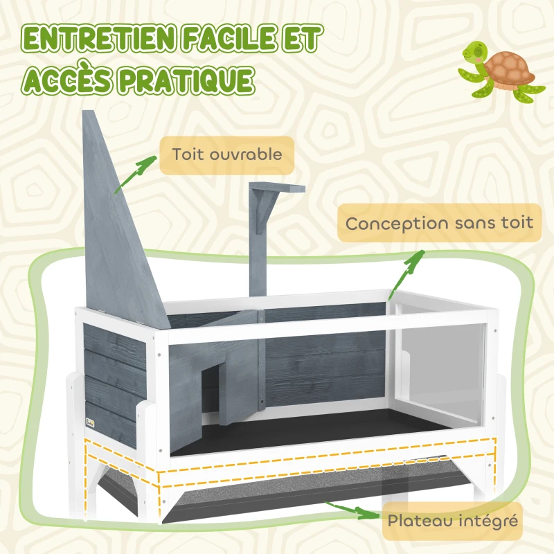 PawHut Casa para tortugas terrario tortuga terrestre sobre patas 2 zonas techo abatible zona interactiva 84,5 x 47,5 x 90 cm gris