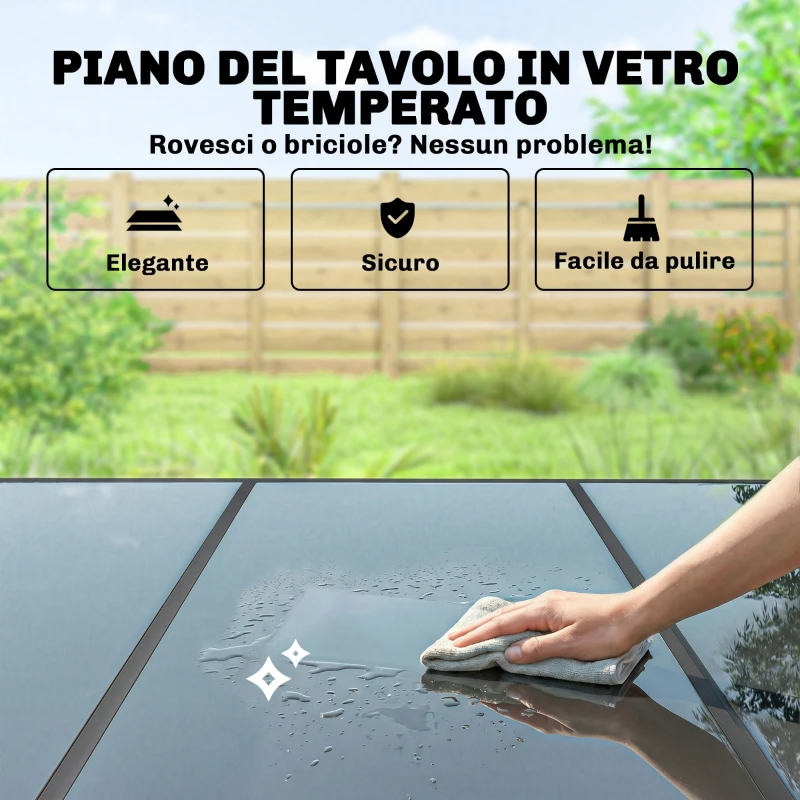 Outsunny Set da Esterno 7pz in Acciaio con 6 Sedie Impilabili in Texteline e Tavolino da Caffè con Piano in Vetro, Nero