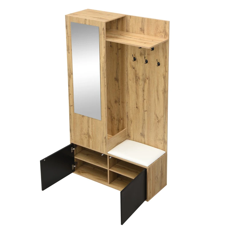 Ensemble d'entrée avec 5 patères, miroir, meuble à chaussures et banc d'entrée, 100x38x191 cm, Noir+Couleur naturelle
