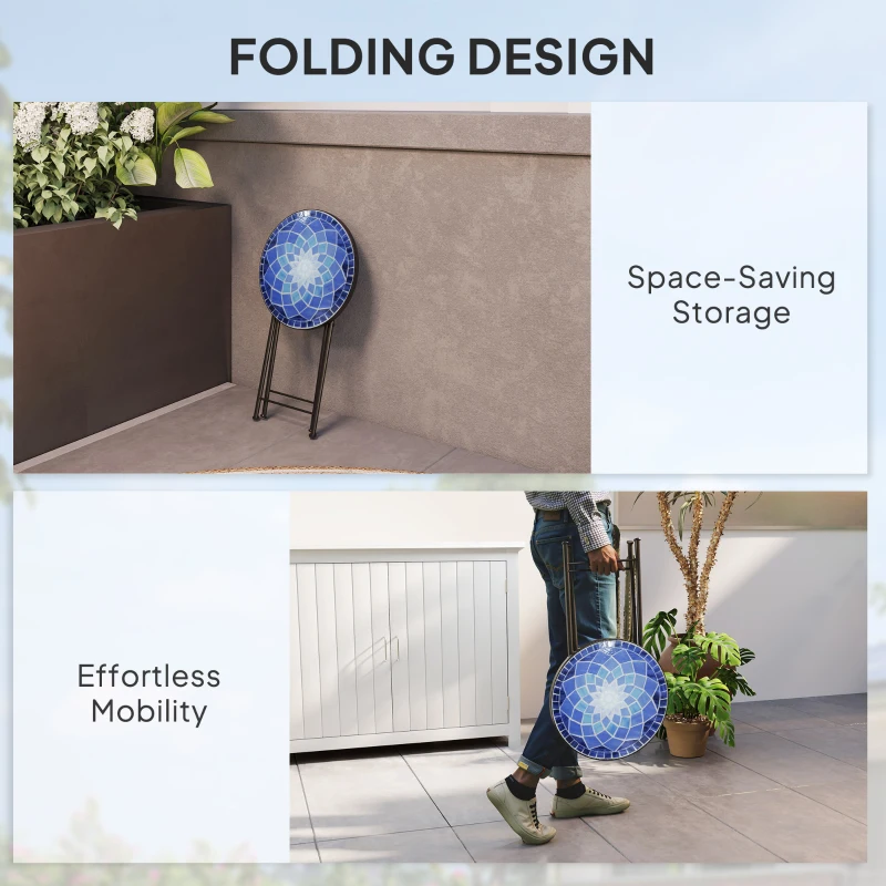 Outsunny Mosaic Outdoor Garden Table, 35.5cm Round Folding Coffee Table with Metal Frame for Balcony Terrace, Navy Blue