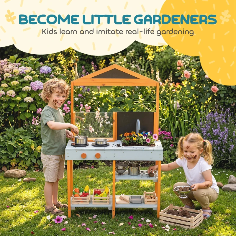 AIYAPLAY Modderkeuken Kinder Outdoor Speelkeuken Hout met Kookplaat Uitneembare Gootsteen en Planken voor Kinderen van 3-8 Jaar, Lichtblauw