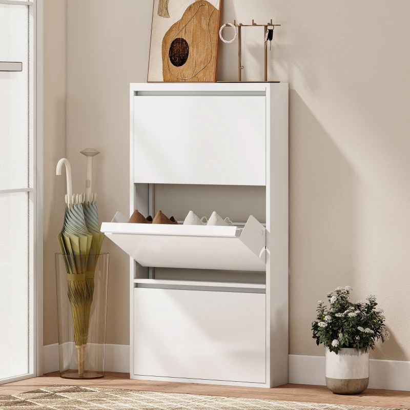 HOMCOM Metalen schoenenkast met 3 klapladen, slank ontwerp, wandmontage, voor 6 paar schoenen, wit