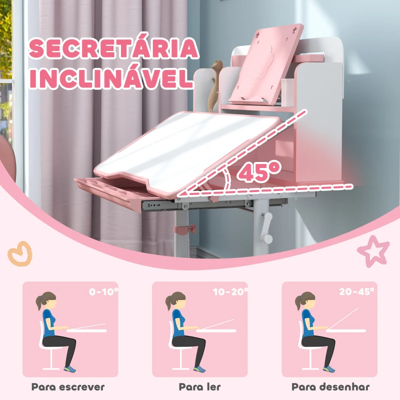 AIYAPLAY Conjunto de Secretária e Cadeira para Crianças Secretária Infantil Altura Ajustável 80x55x107,5 cm Rosa