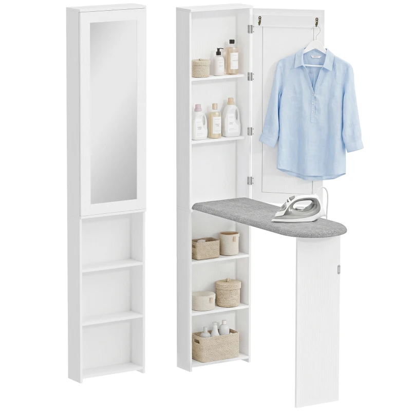 HOMCOM Opvouwbare Strijkplankkast met Deur, Interne Planken, Spiegel, Ruimtebesparende Strijktafel voor Wasverzorging, 106x35x174 cm, Wit