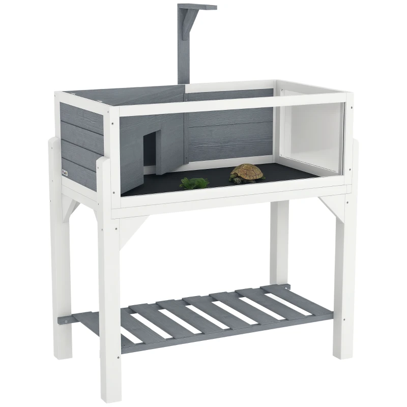 PawHut Casa para tortugas terrario tortuga terrestre sobre patas 2 zonas techo abatible zona interactiva 84,5 x 47,5 x 90 cm gris