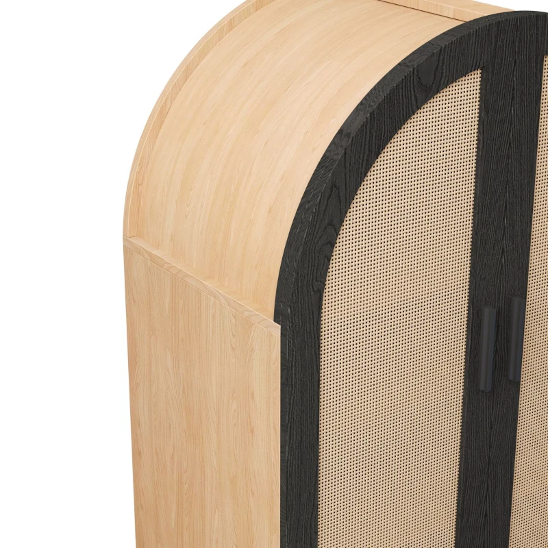 Mobile per scarpe con esterno arrotondato, ante traforate in rattan e 3 ripiani, 70x40x100 cm, Color Legno e Nero